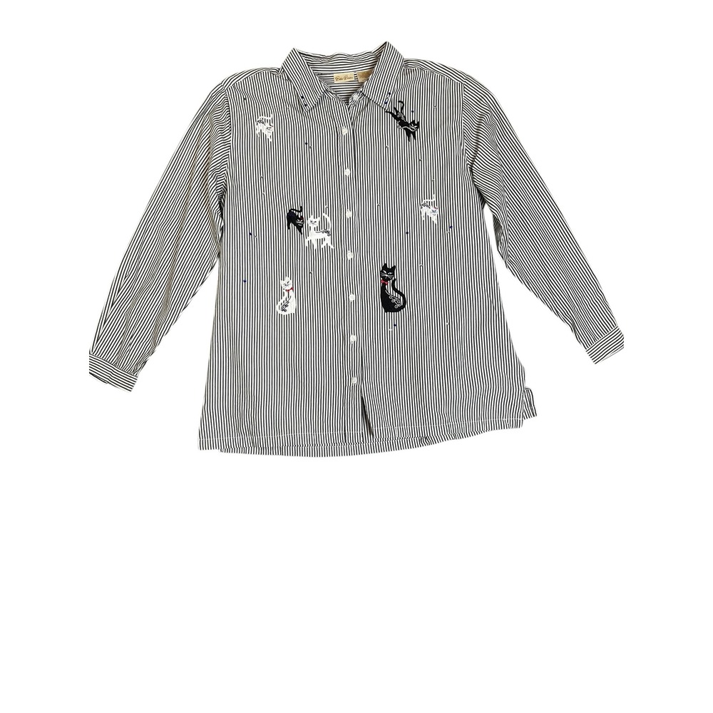 Bobbie Brooks Black White Striped Cat Embroidered Rhinestone Button Down Shirt L